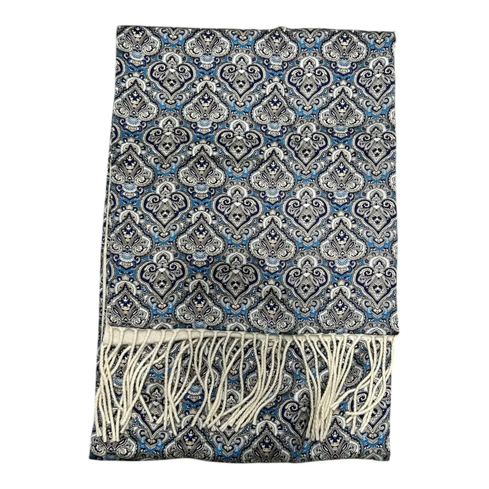 Enzo Montovani Denim Blue Damask Fringe Silk Cashmere Unisex Scarf Shawl 12x62